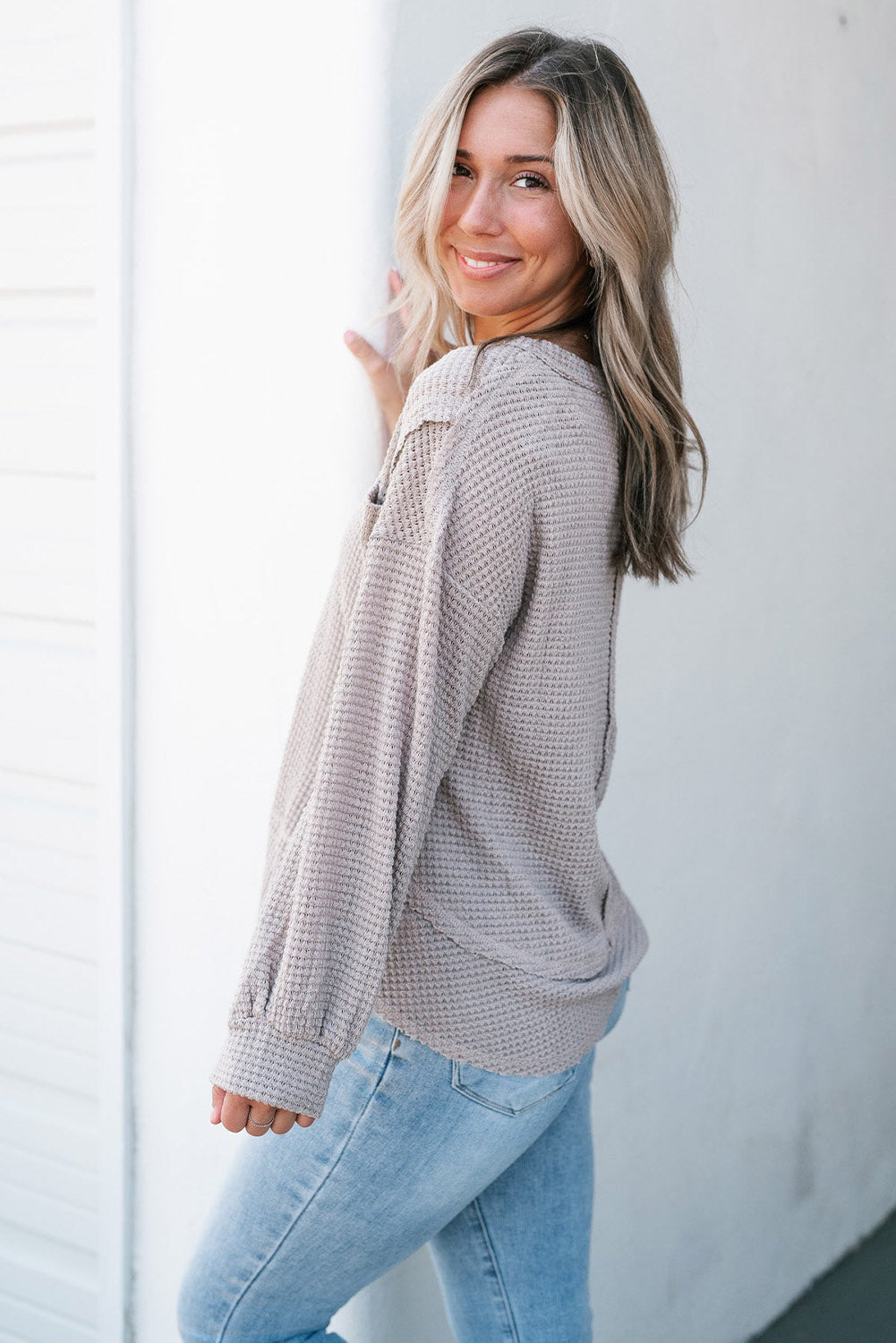 Light Grey Raw Edge Detail Waffle Knit V Neck Top