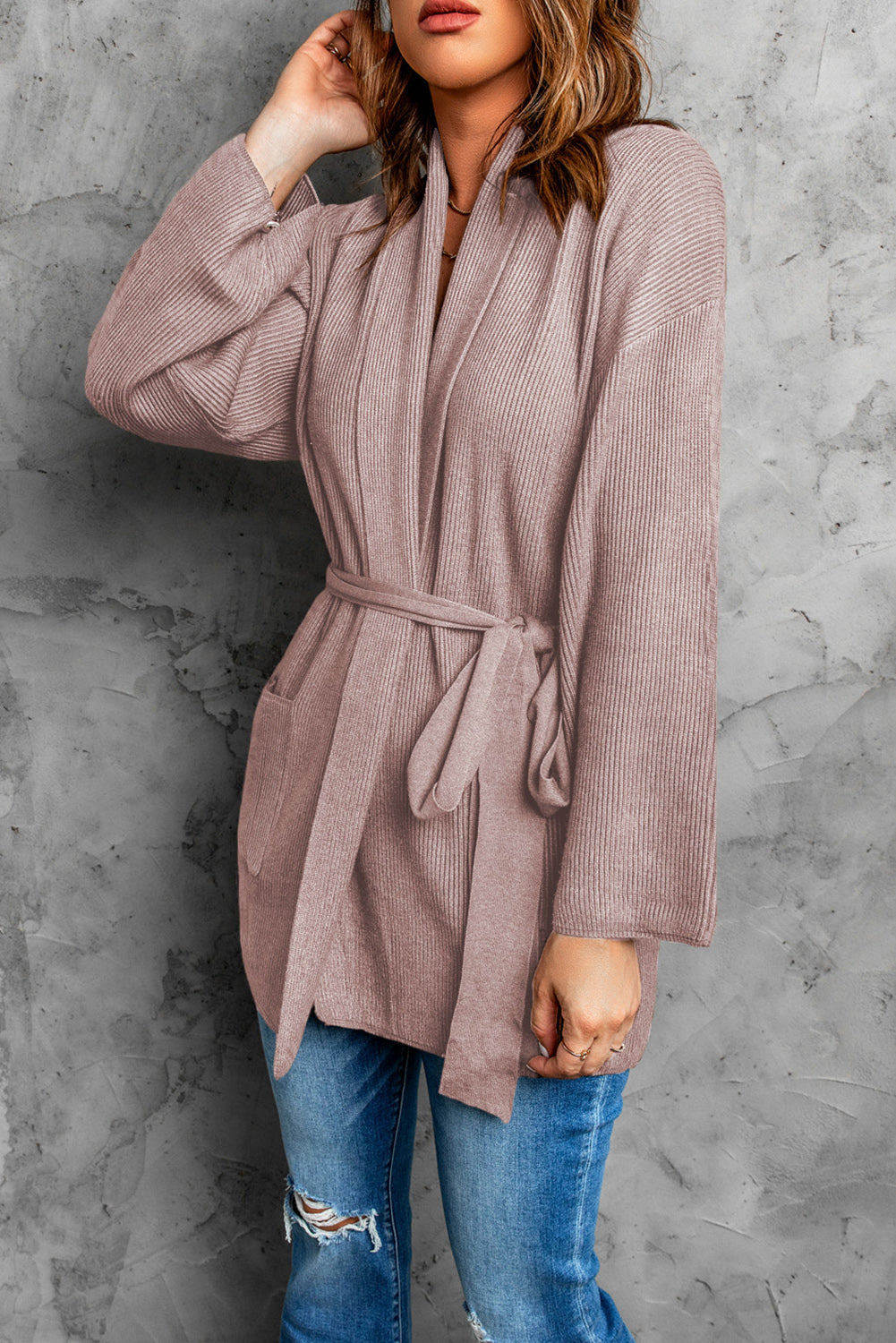 Black Robe Style Rib Knit Pocketed Cardigan with Belt