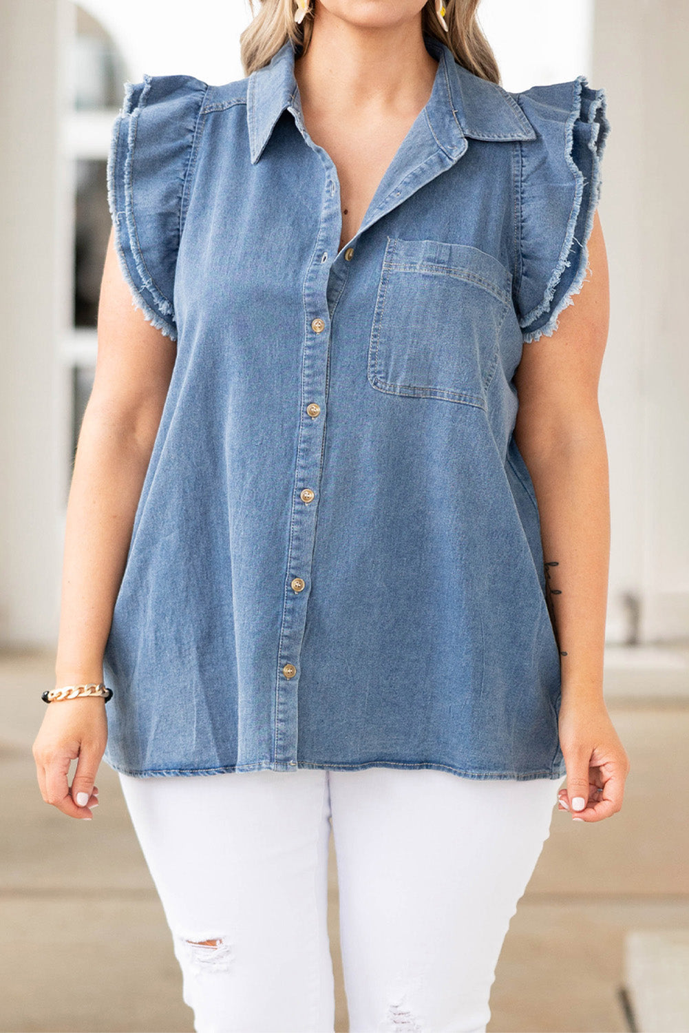 Blue Frayed Ruffle Sleeve Plus Size Denim Shirt