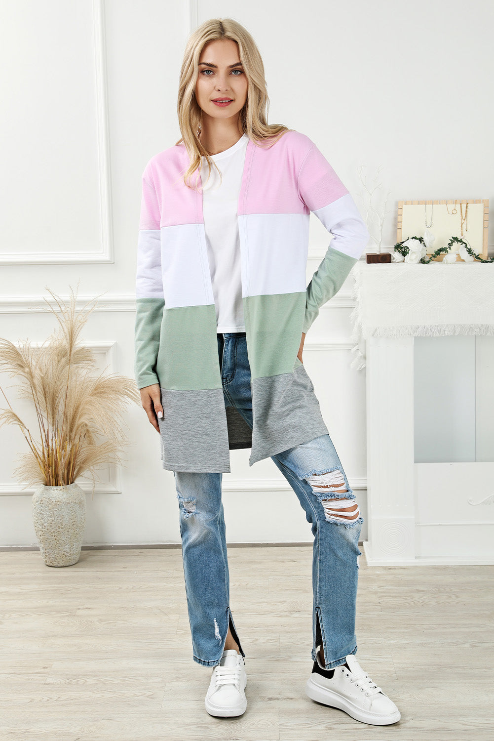 Pink Plus Size Colorblock Open Front Cardigan