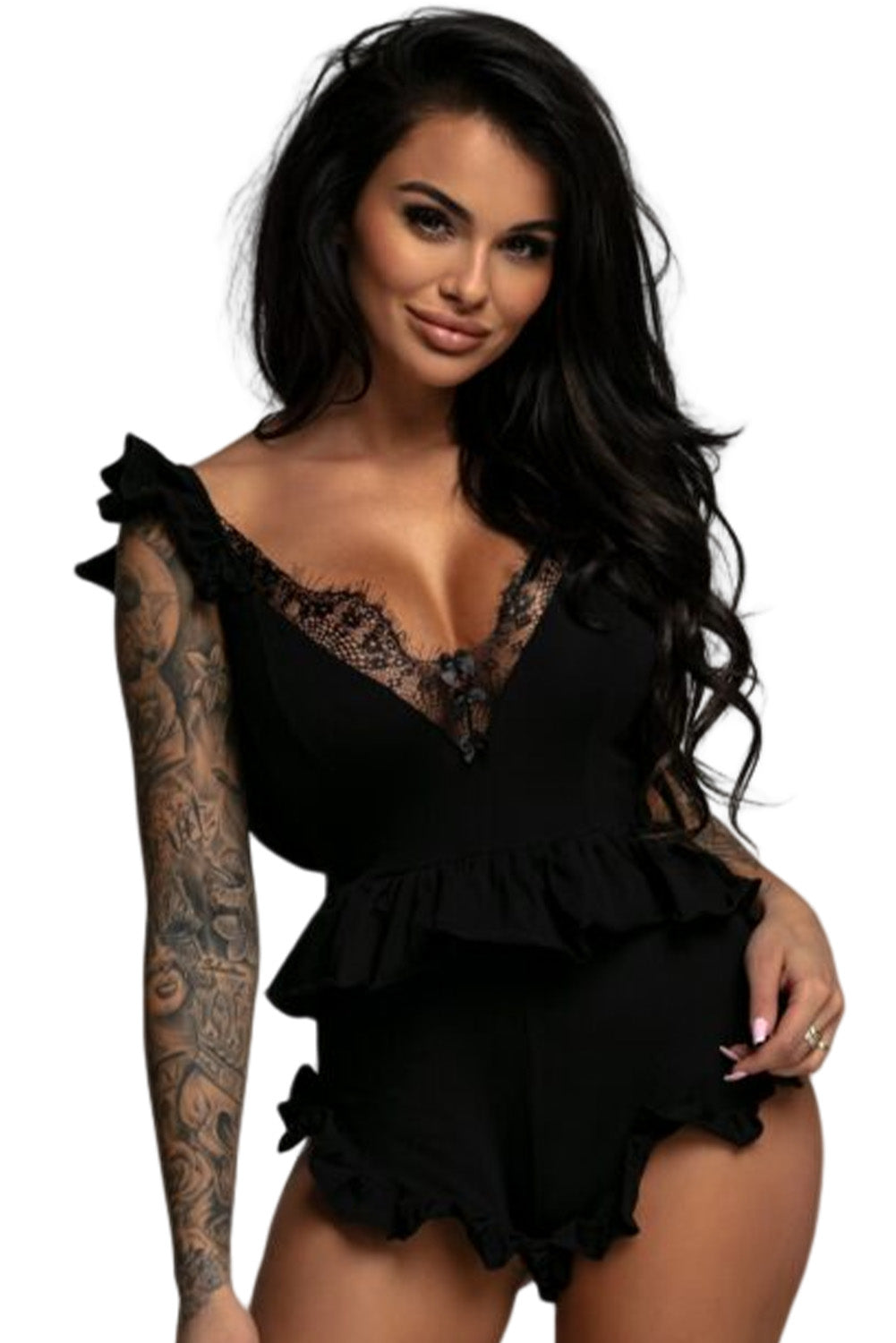 Black Lace Trim Back Knot Teddy Lingerie