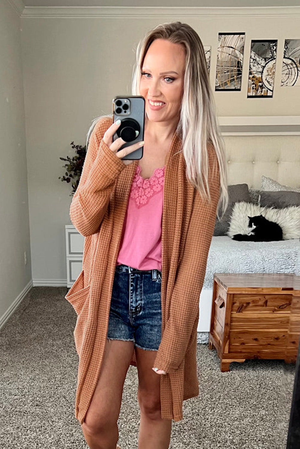 Brown Waffled Knit Thumb Sleeve Pocketed Cardigan