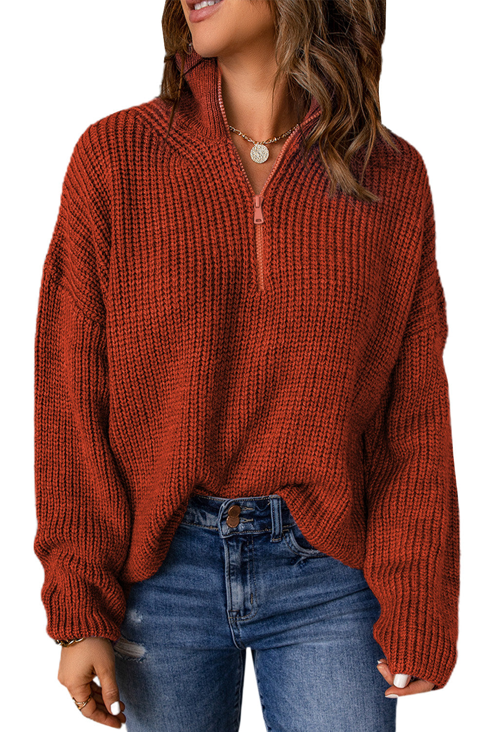 Red Zipped Turtleneck Drop Shoulder Knit Sweater