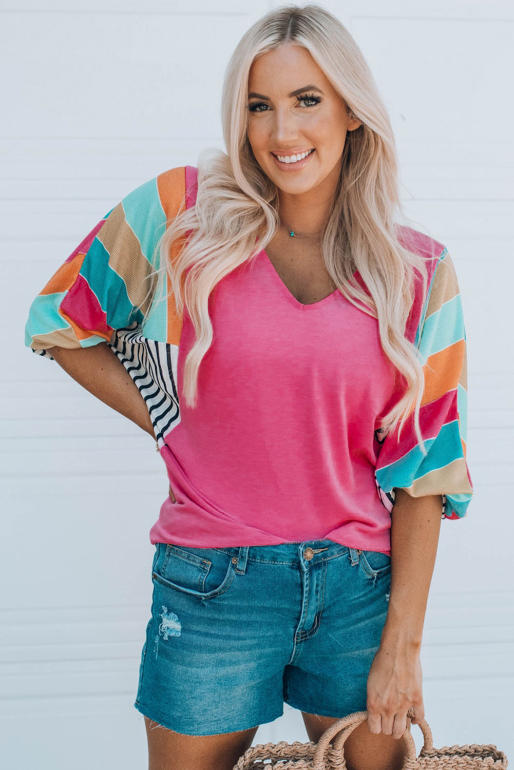 Rose Stripe Color Block Bubble Sleeve Top