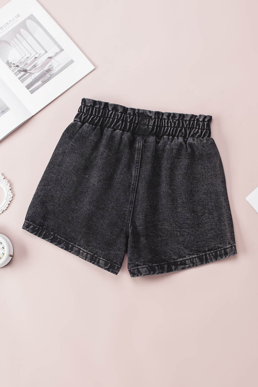 Black Retro Bleach-washed Ruffled Elastic High Waist Denim Shorts