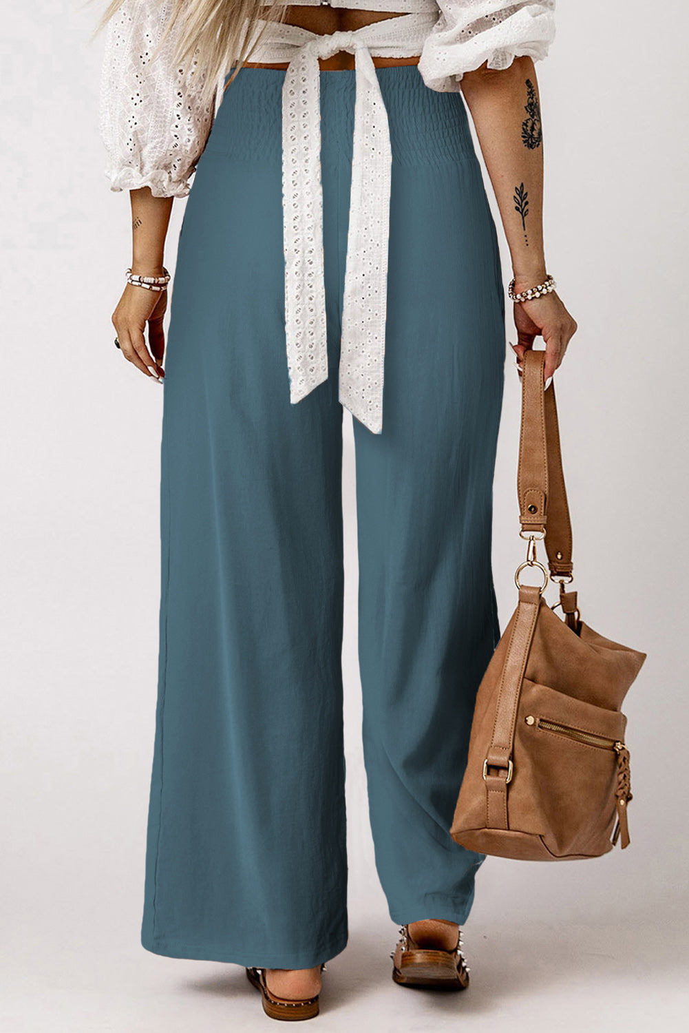Black Smocked Wide Waistband High Waist Wide Leg Pants
