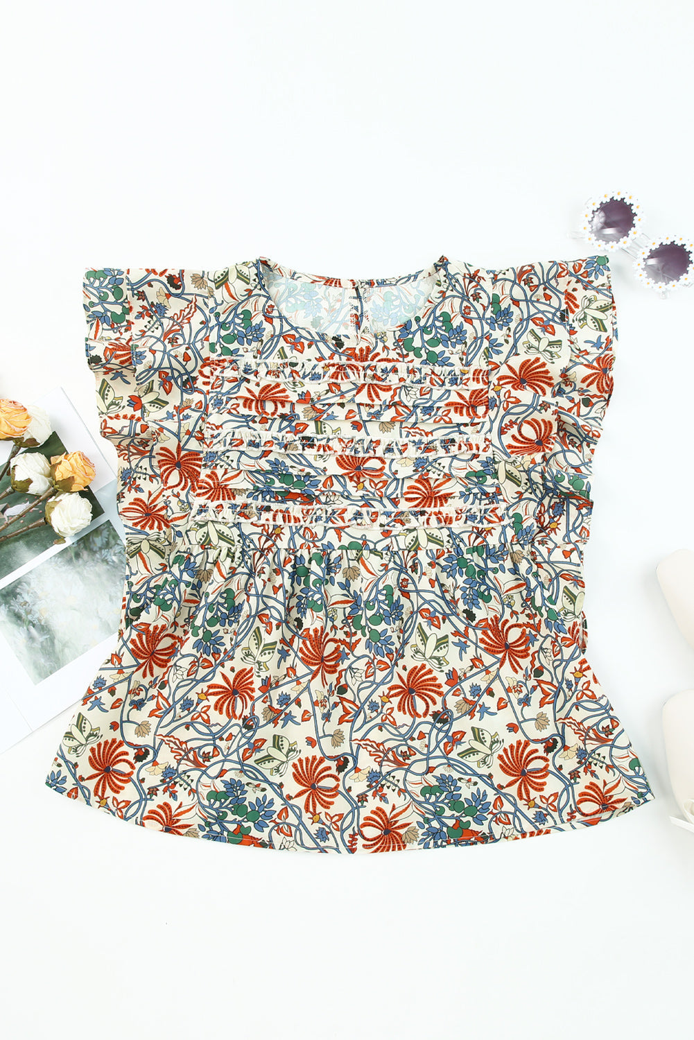Round Neck Ruffled Flutter Sleeve Floral Mini Dress