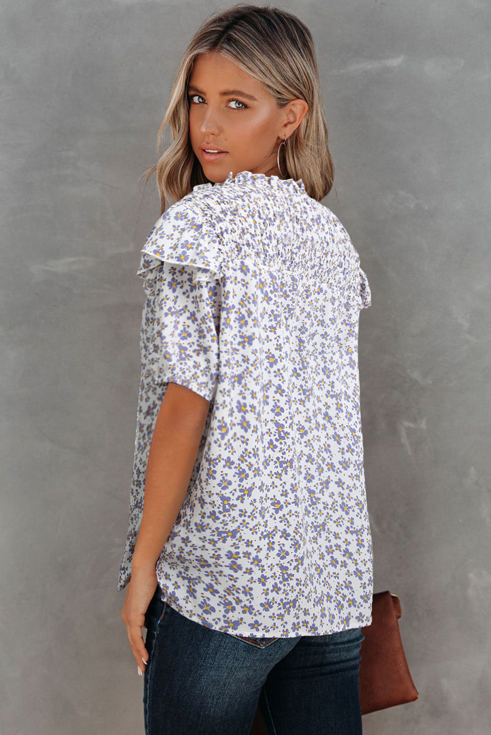 Purple Floral Print Smocked Ruffled V Neck T-shirt