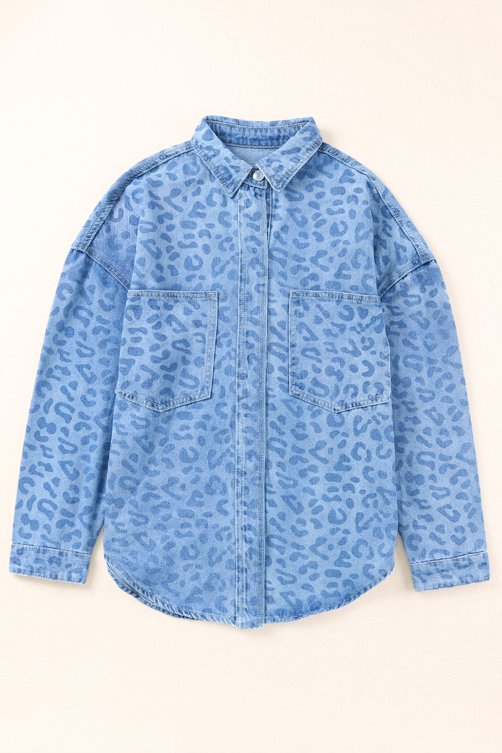 Sky Blue Oversized Leopard Denim Jacket with Pockets