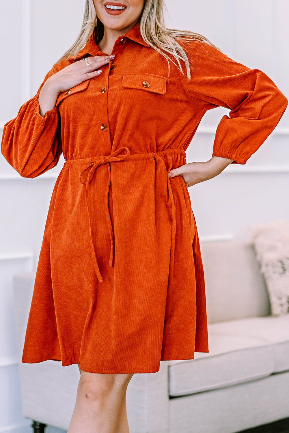 Orange Plus Size High Waist Corduroy Dress