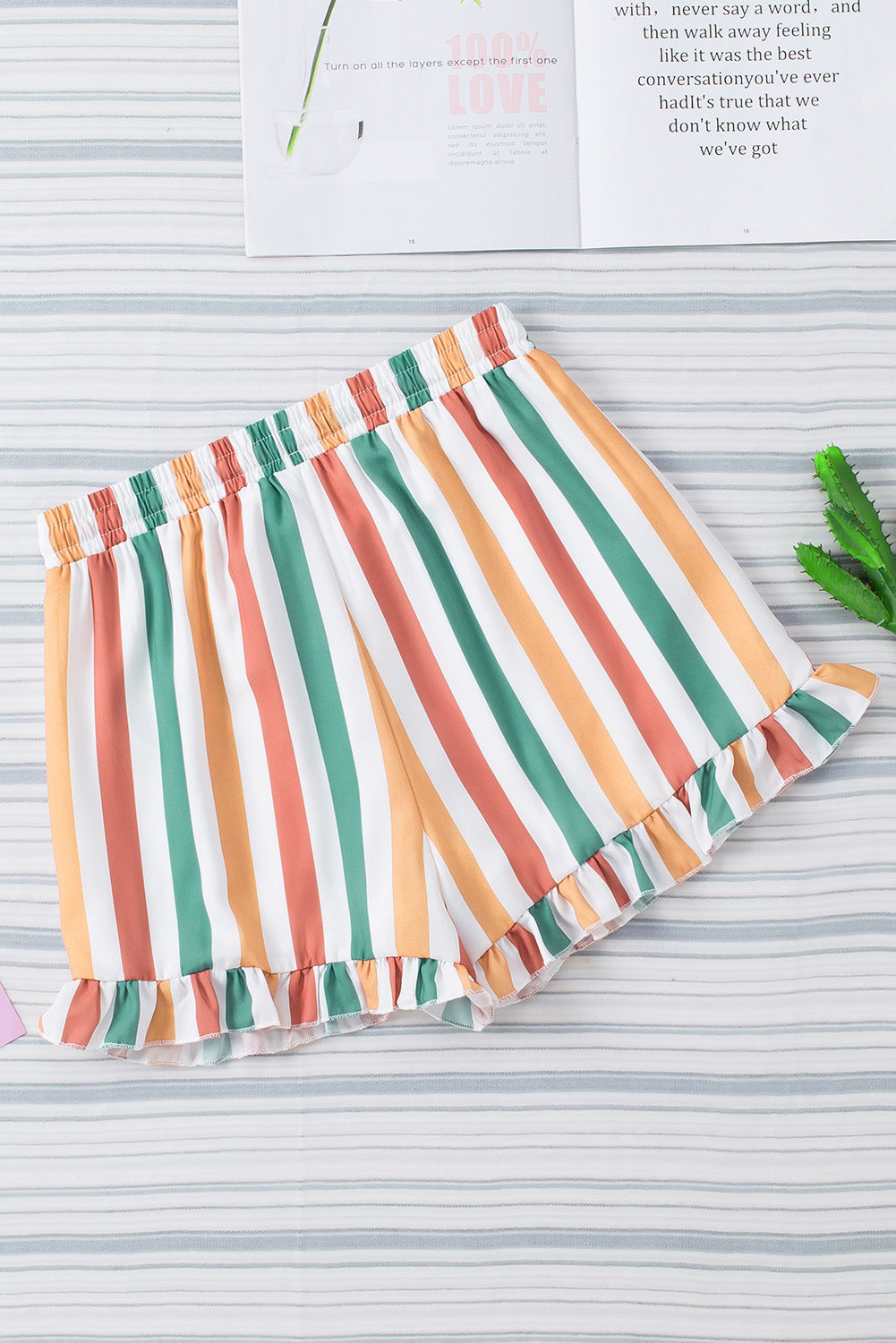 Multicolor Striped Ruffle Hem Drawstring Shorts