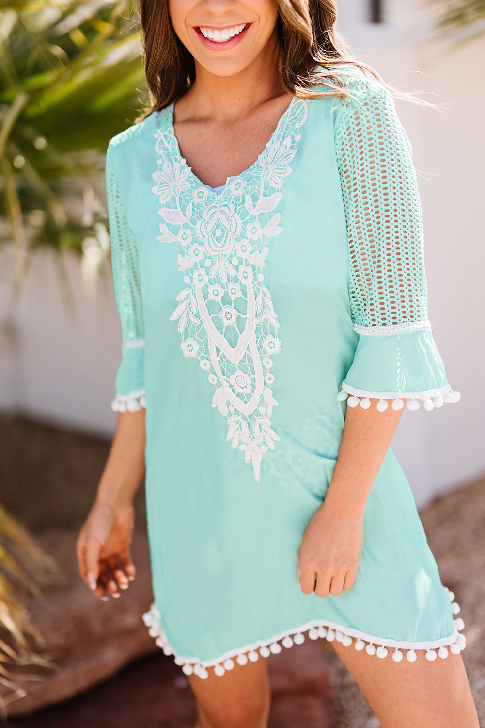 Green Crochet Pom Pom Trim Beach Tunic Cover up