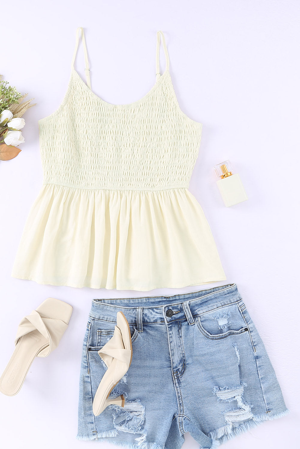 Beige Ruffled Smocked Adjustable Straps Sleeveless Top