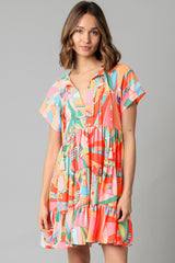 Multicolor Abstract Geometric Print Tassel Tie Flared Dress