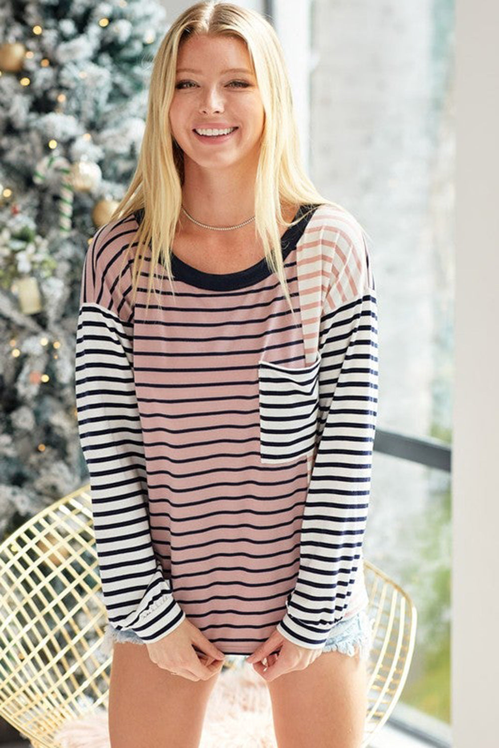 Striped Patchwork Pocketed Long Sleeve Top