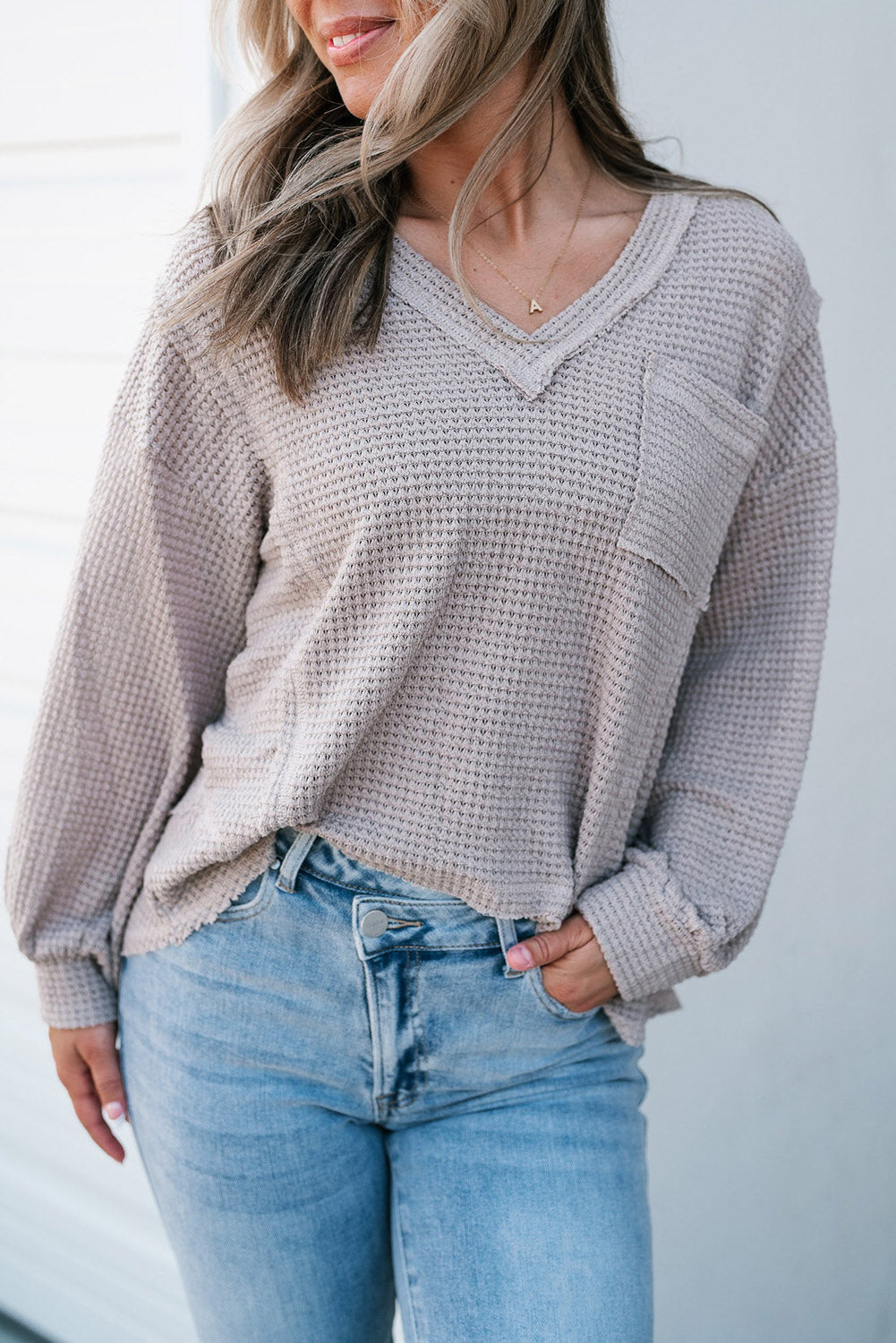 Light Grey Raw Edge Detail Waffle Knit V Neck Top