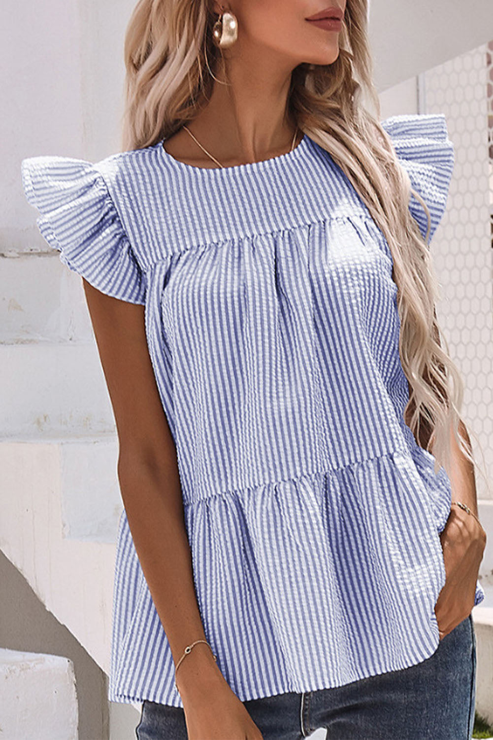 Sky Blue Striped Print Flutter Sleeve Gathered Top