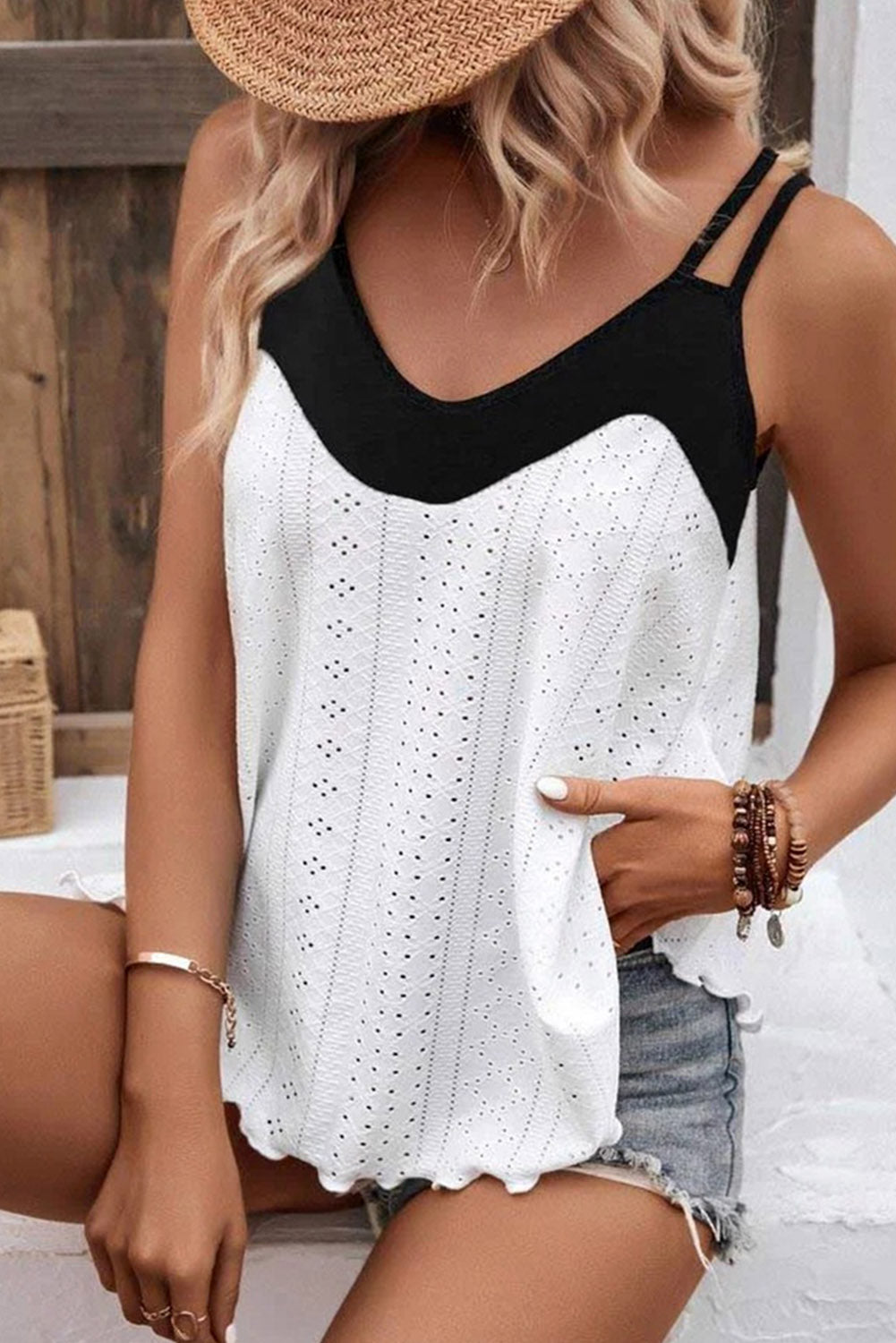 White Two Tone Splicing Eyelet Textured Tank Top