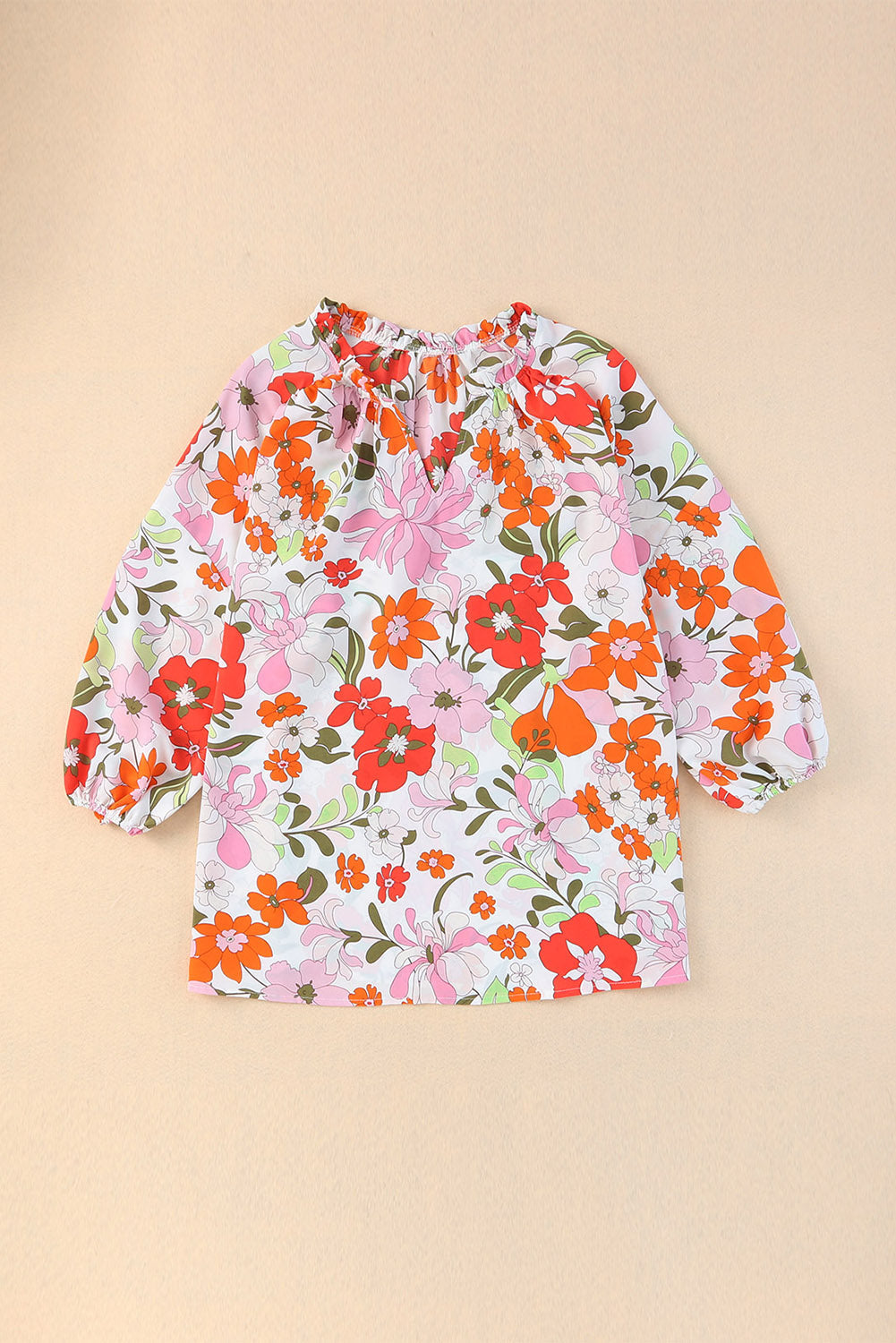 Orange Blooming Flowers Frill Trim Puff Sleeve Blouse