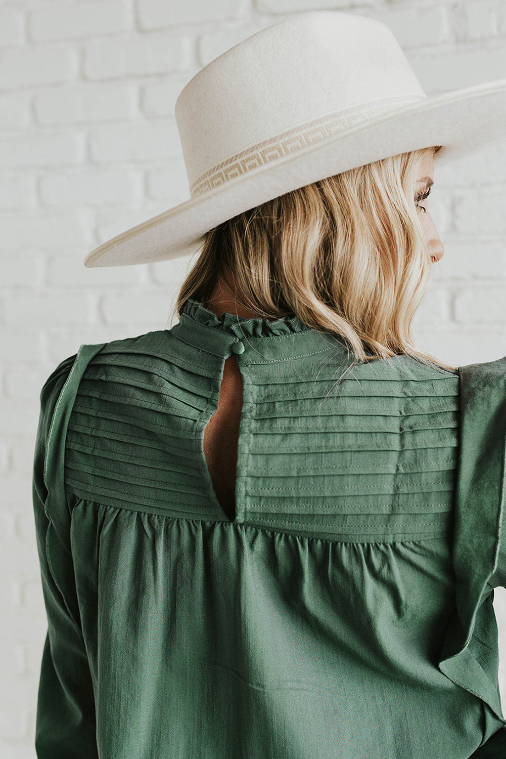 Green Solid Color Stand Neck Ruffled Puff Sleeve Blouse