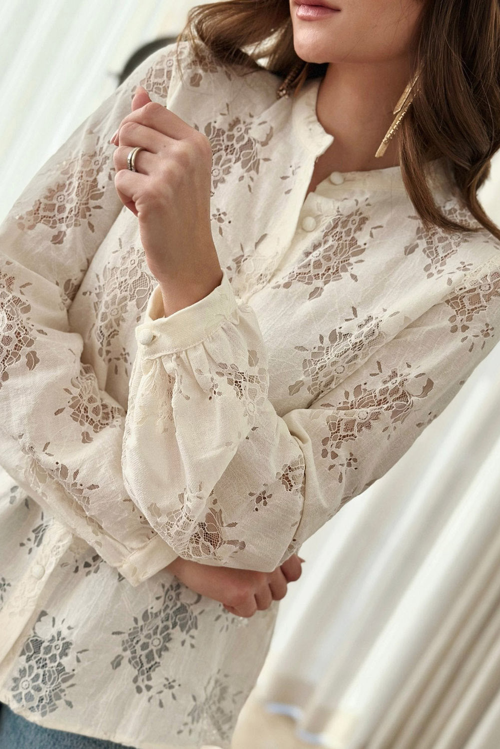 White Floral Lace Stand Neck Textured Shirt