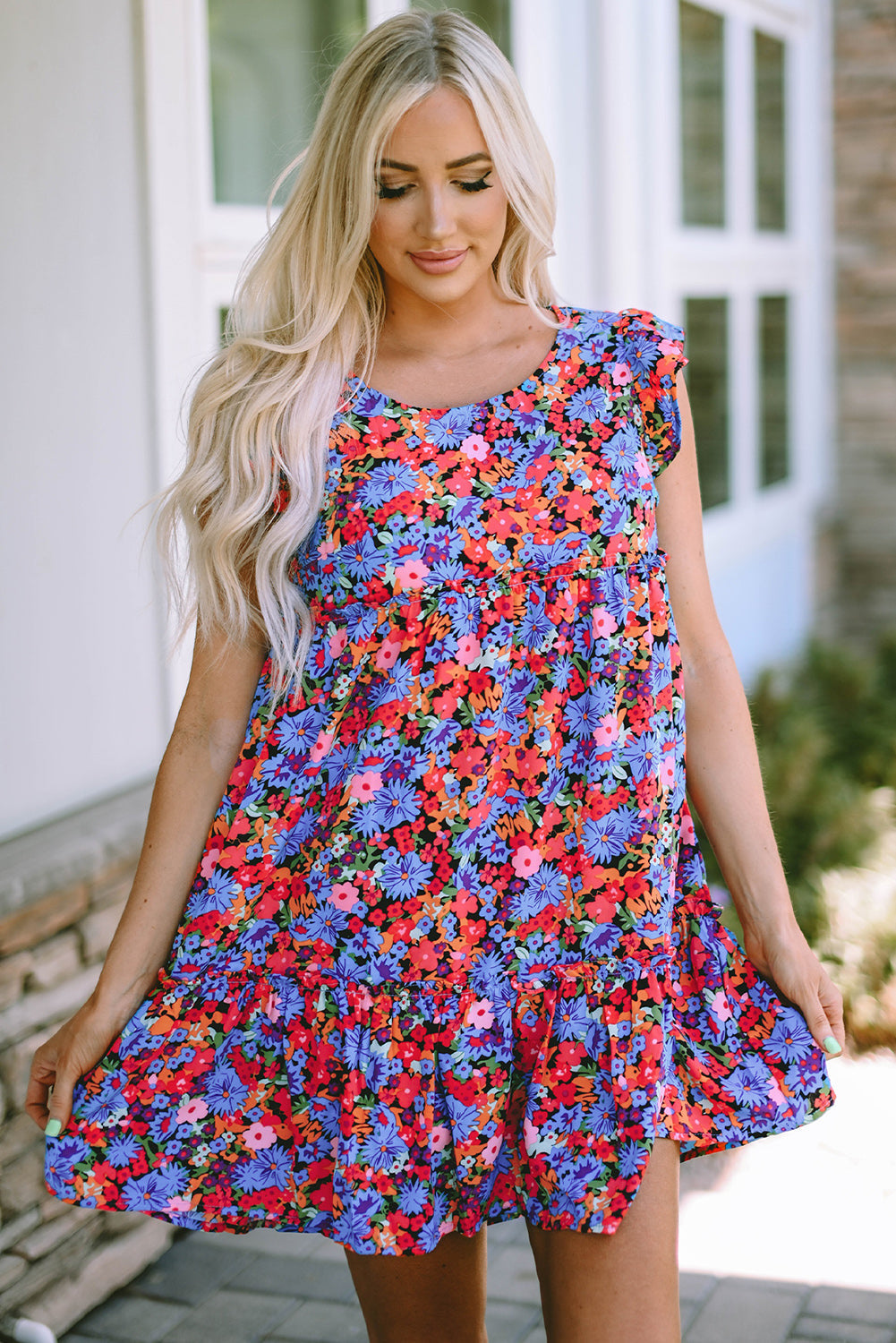 Multicolor Floral Print Ruffle Tiered Short Sleeve Babydoll Top