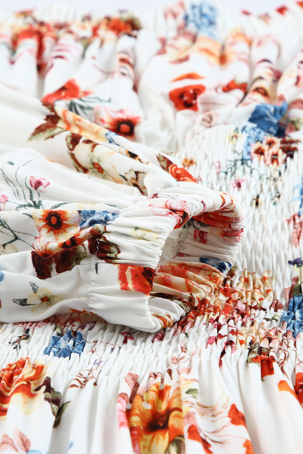 White Off Shoulder Smocked Waist Floral Dress