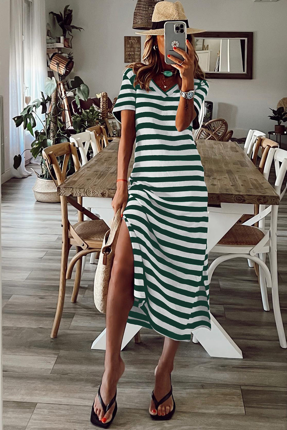 Black Stripe Print V Neck Maxi Dress with Side Splits