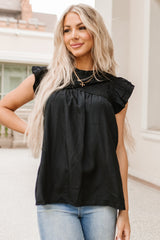 Black Ruffle Sleeve Pleated Yoke Loose Top