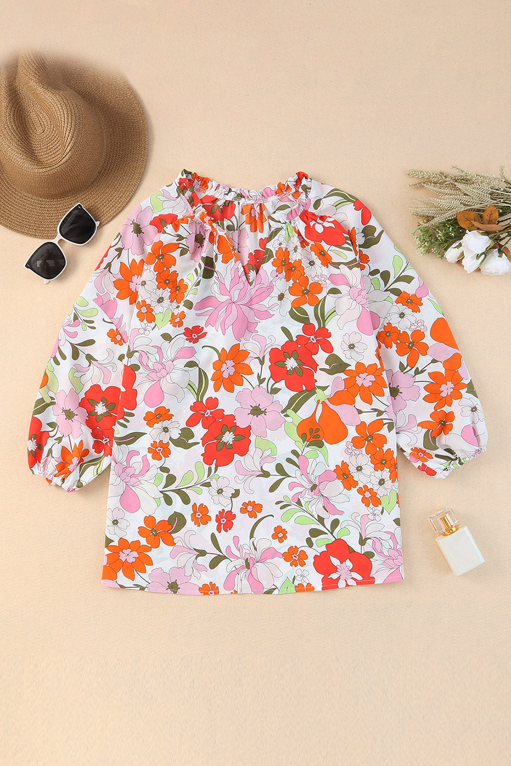 Orange Blooming Flowers Frill Trim Puff Sleeve Blouse