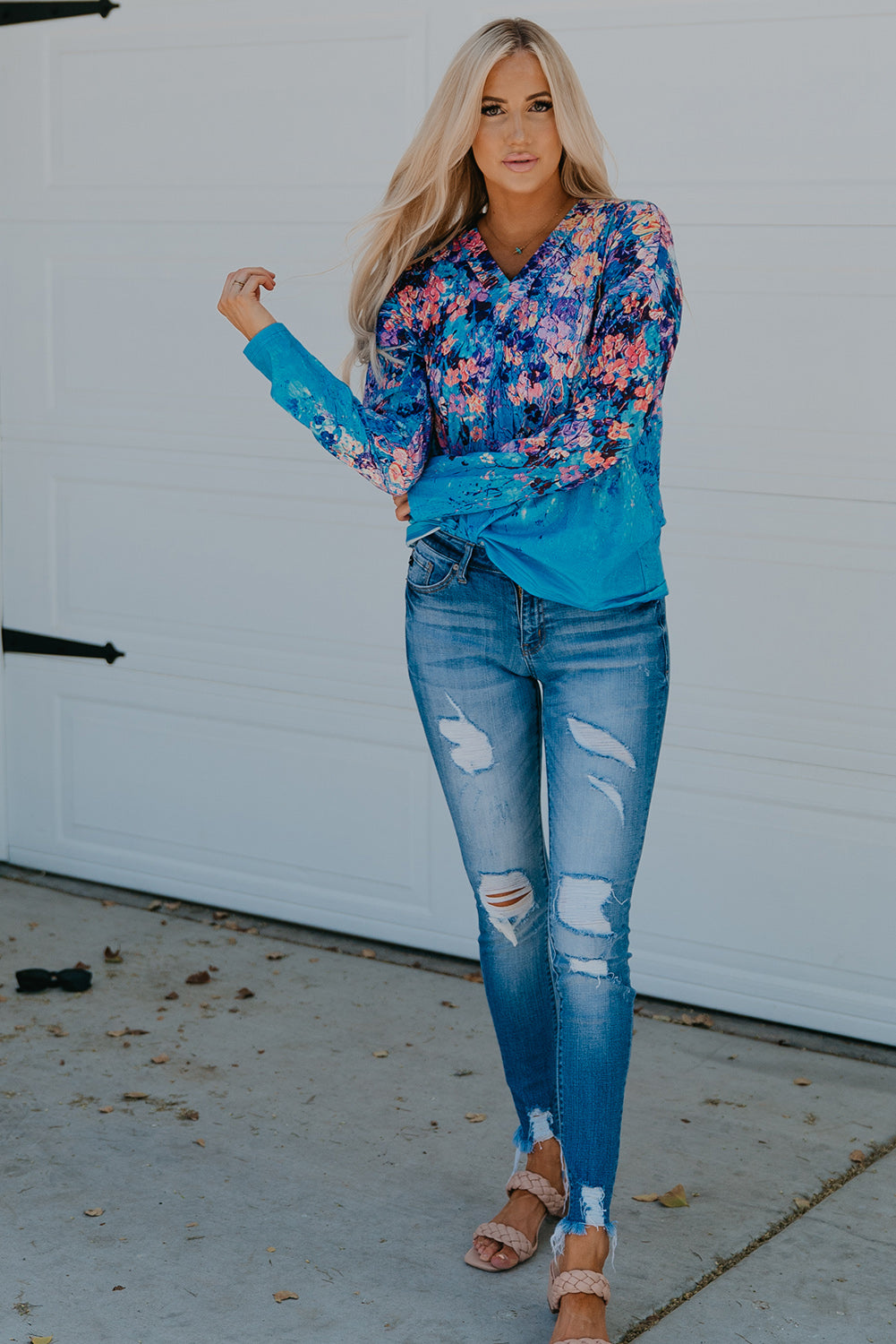 Blue Floral Print V Neck Long Sleeve Top