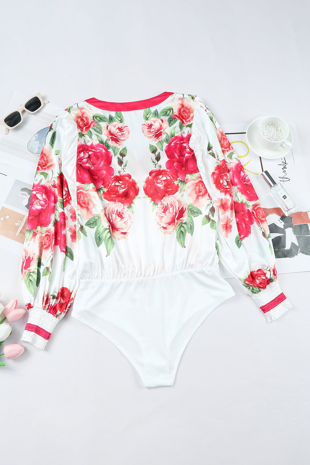 Rose Floral Print V Neck Wrap Bodysuit