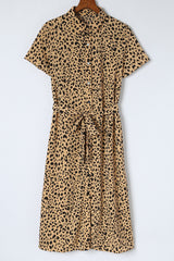 Khaki Leopard Turn-Down Collar Slit Midi Dress