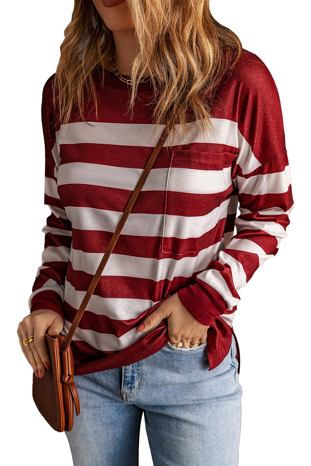 Red Print Pocketed Long Sleeve Top with Slits