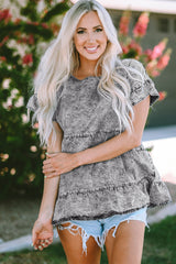 Gray Flutter Sleeves Tiered Denim Top