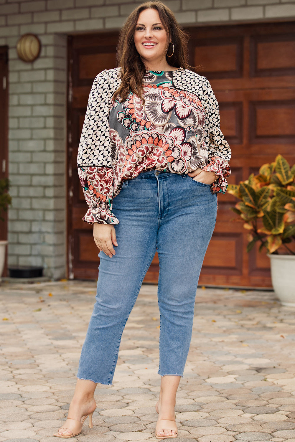 Black Black Black Mixed Floral Geometric Print Ruffled Long Sleeve Blouse