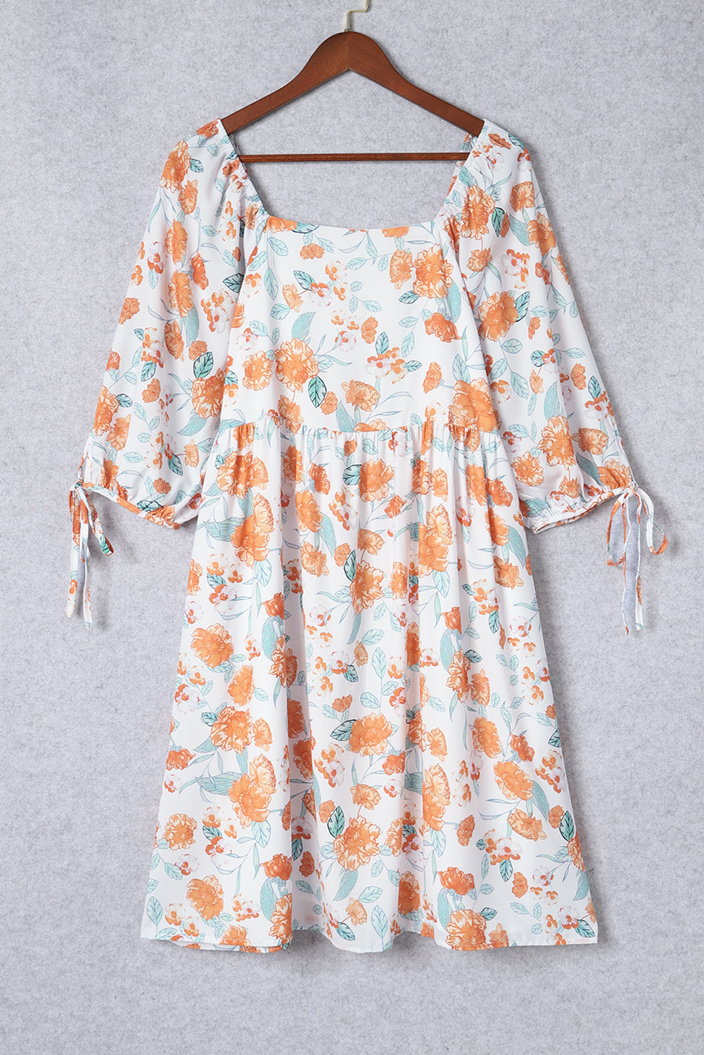 Orange Plus Size Square Neck Tie Sleeve Floral Dress