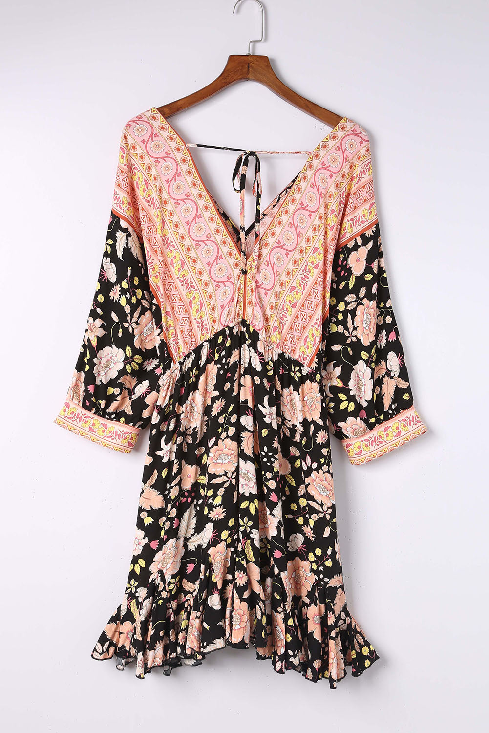 Black V Neck 3/4 Sleeves Floral Dress