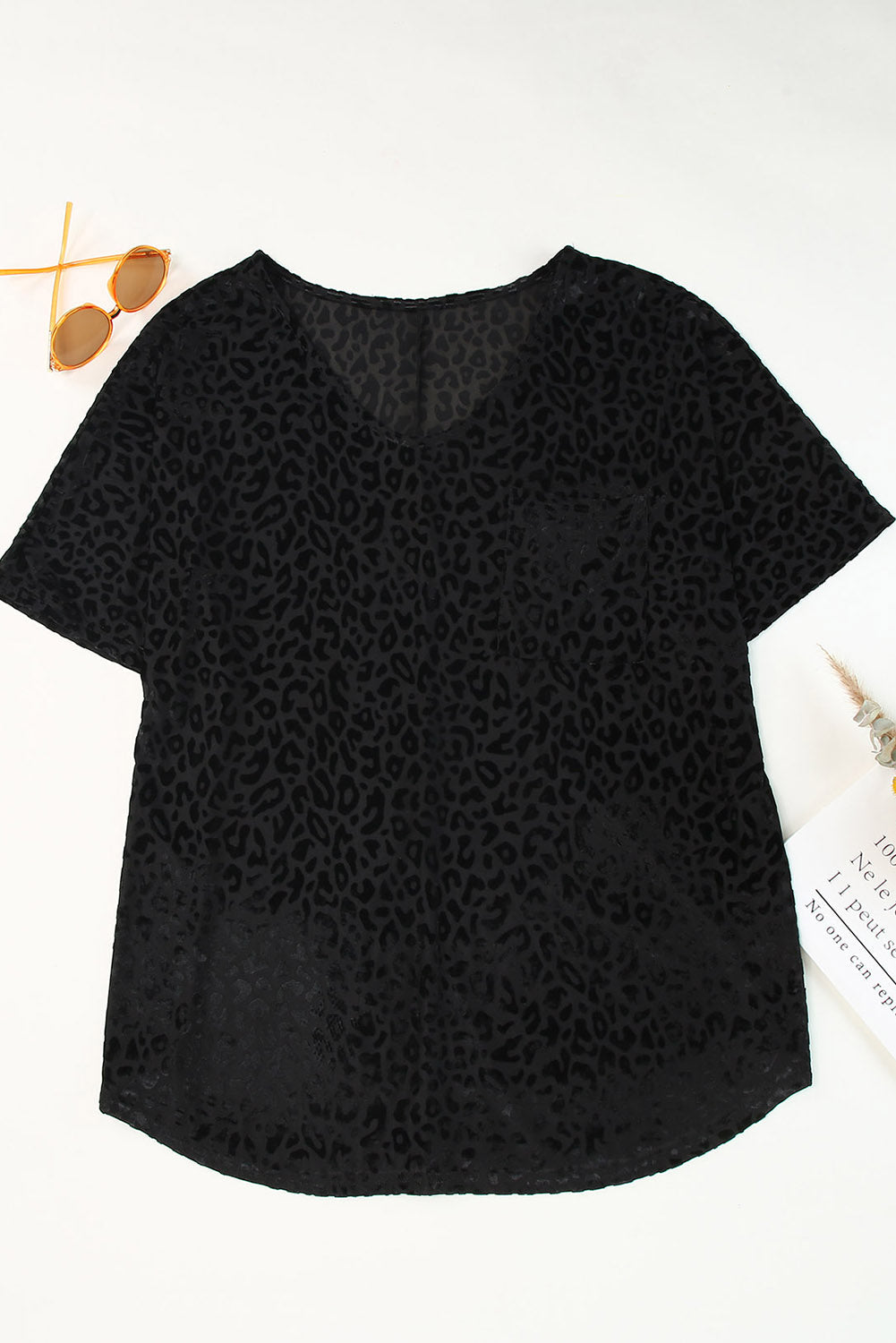 Black Plus Size Leopard Emboss V Neck Top