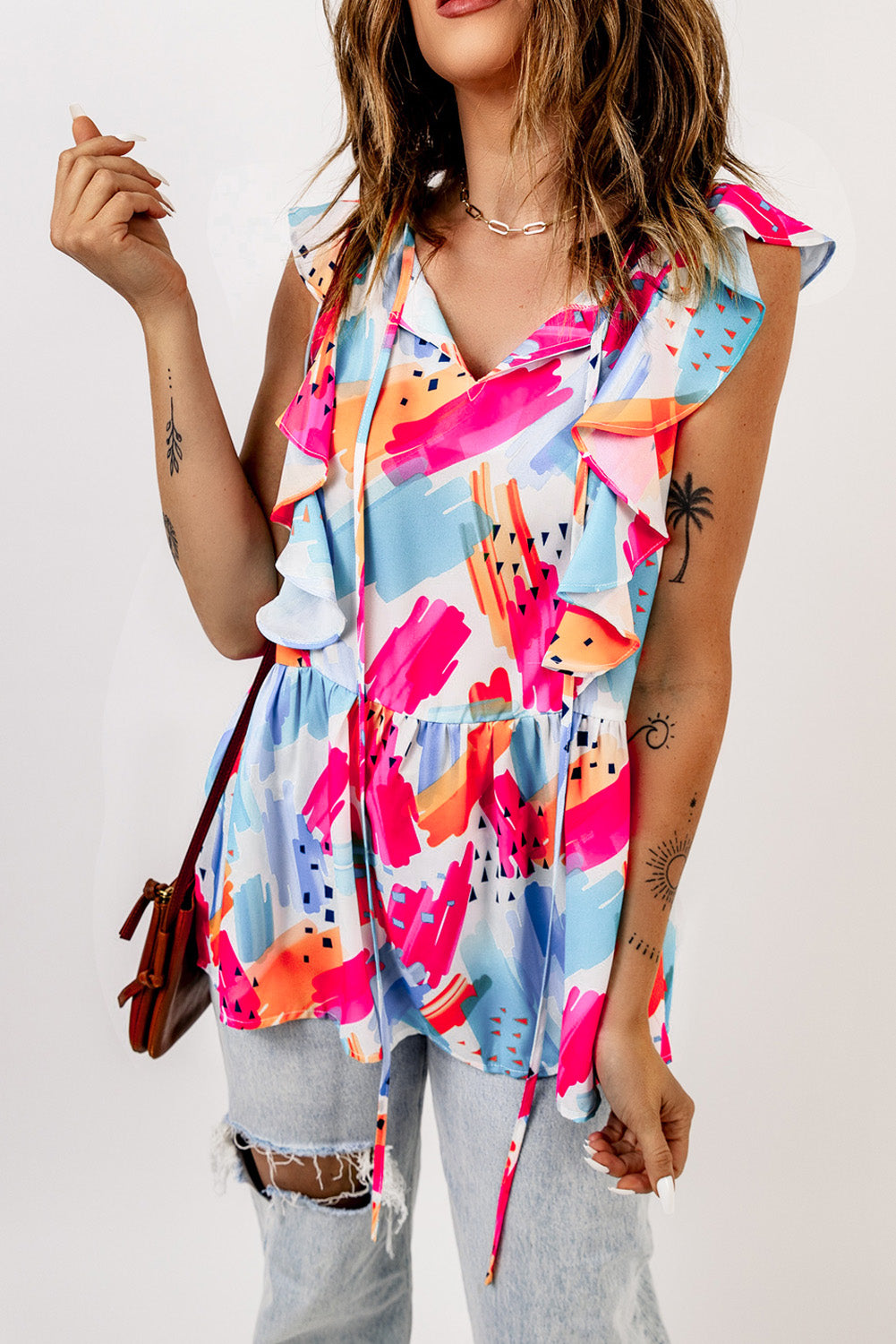 Multicolor Abstract Print V Neck Ruffled Tank