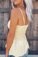 Beige Ruffled Smocked Adjustable Straps Sleeveless Top