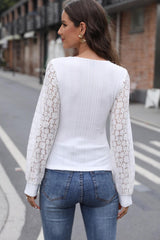 White Floral Lace Long Sleeve Rib Knitted Top