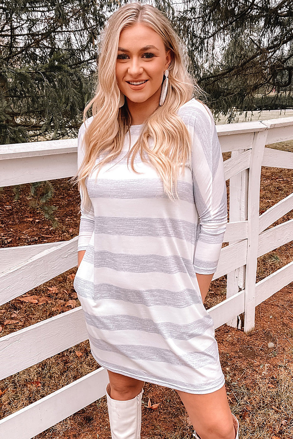 Stripe Loose Fit Pocketed Long Sleeve Mini Dress