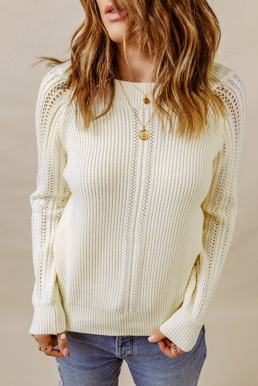 Gray Plain Hollow-out Knit Long Sleeve Pullover Sweater