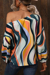 Multicolor Wavy Striped Boat Neck Puff Sleeve Blouse