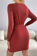 Red Lace Splicing Lace-up Wrap V Neck Mini Dress