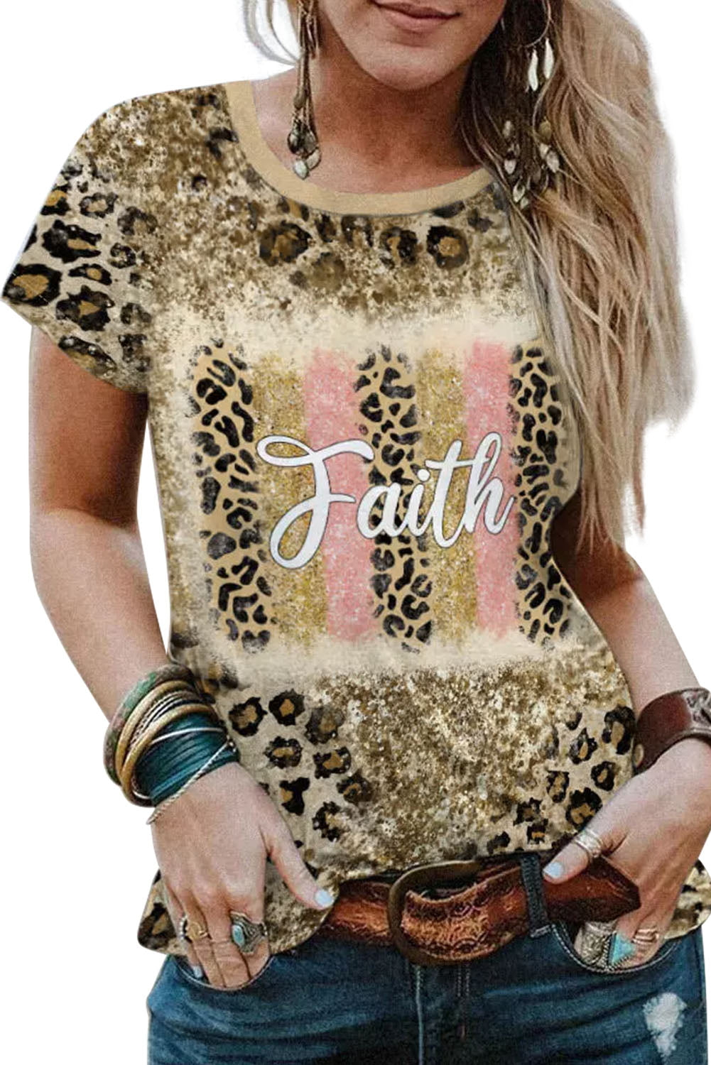 Faith Leopard Glitter Bleached O-neck T-shirt