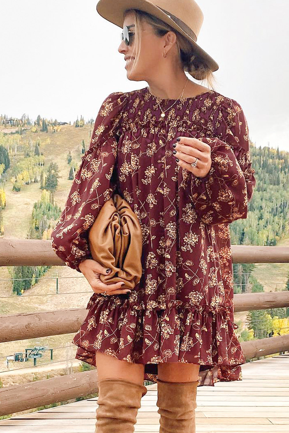 Red Ruffled Puff Sleeve High Low Floral Babydoll Dress