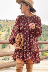 Red Ruffled Puff Sleeve High Low Floral Babydoll Dress
