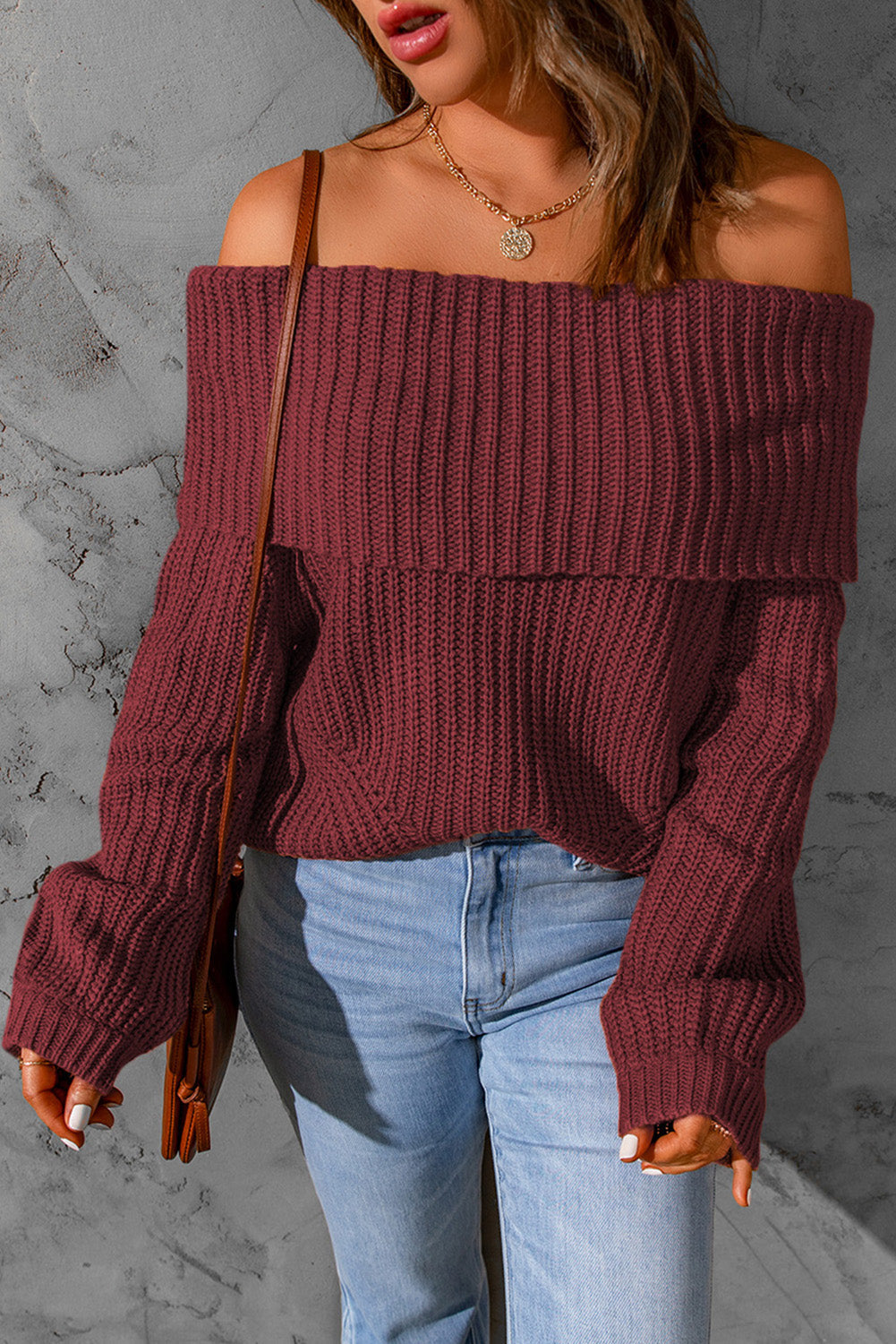 Brown Ribbed Knit Off Shoulder Sweater
